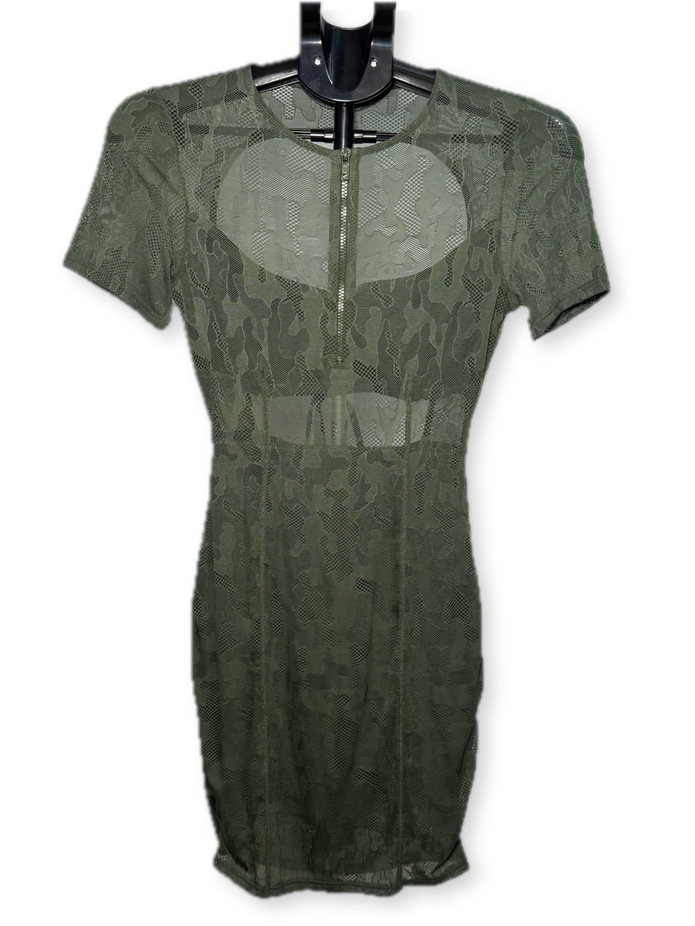 GUESS Olive Green Mesh Lace Zip-Front Dress